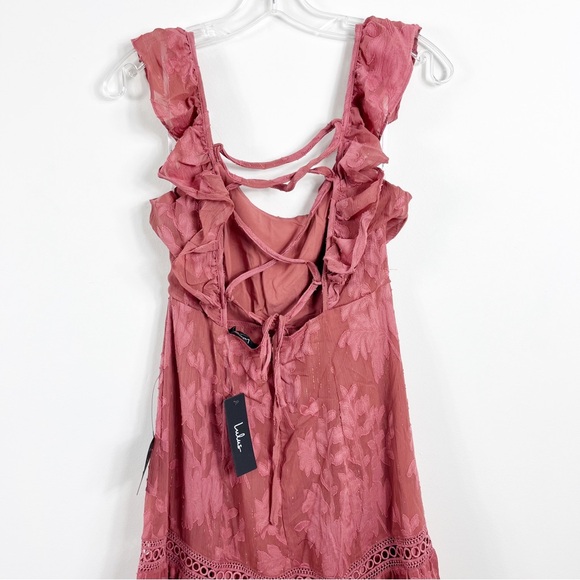 Lulus Floral Lace Up Cap Sleeve Tiered Maxi Dress NWT Marsala Shiny Rose Mauve - Picture 5 of 6